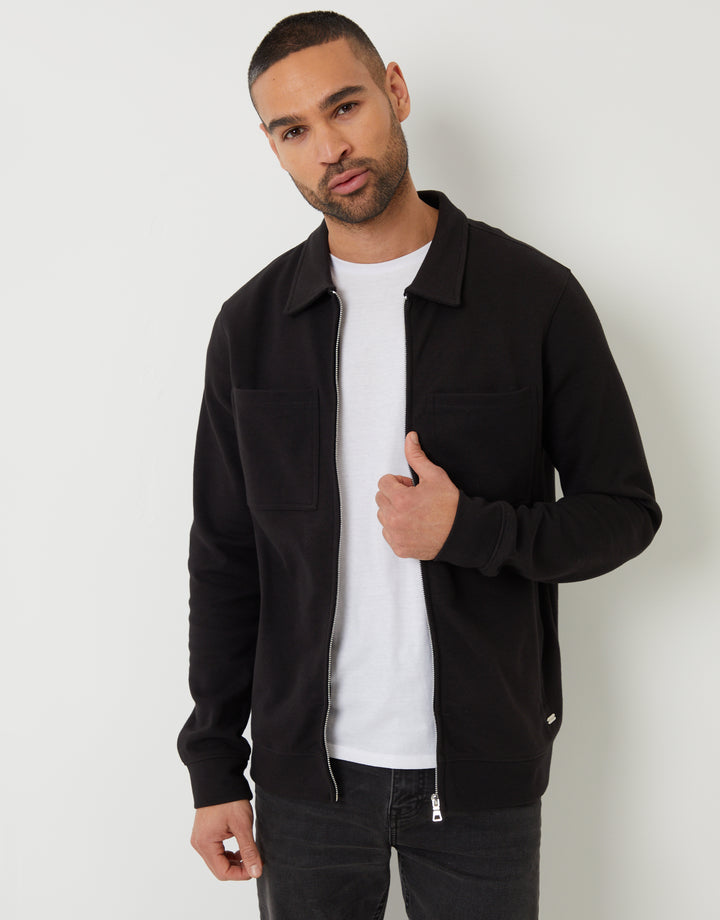 Black Pique Zip Through Shacket
