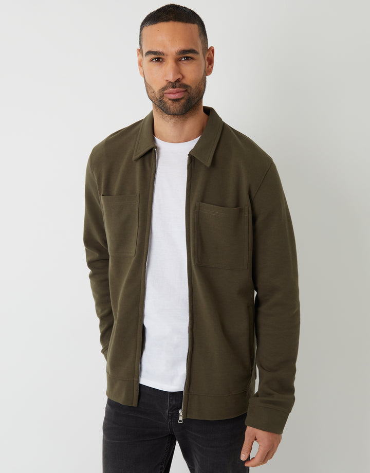 Khaki Green Pique Zip Through Shacket