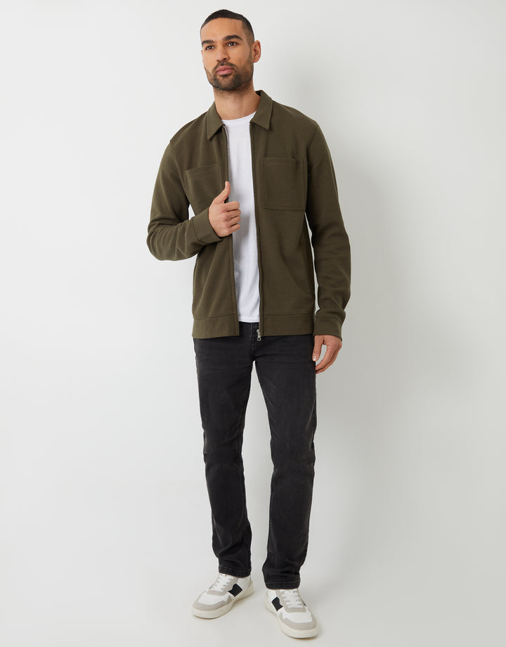 Khaki Green Pique Zip Through Shacket