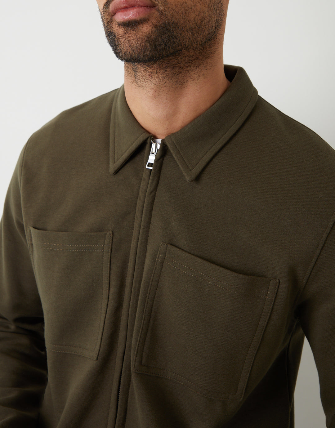 Khaki Green Pique Zip Through Shacket