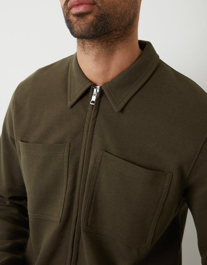 Khaki Green Pique Zip Through Shacket