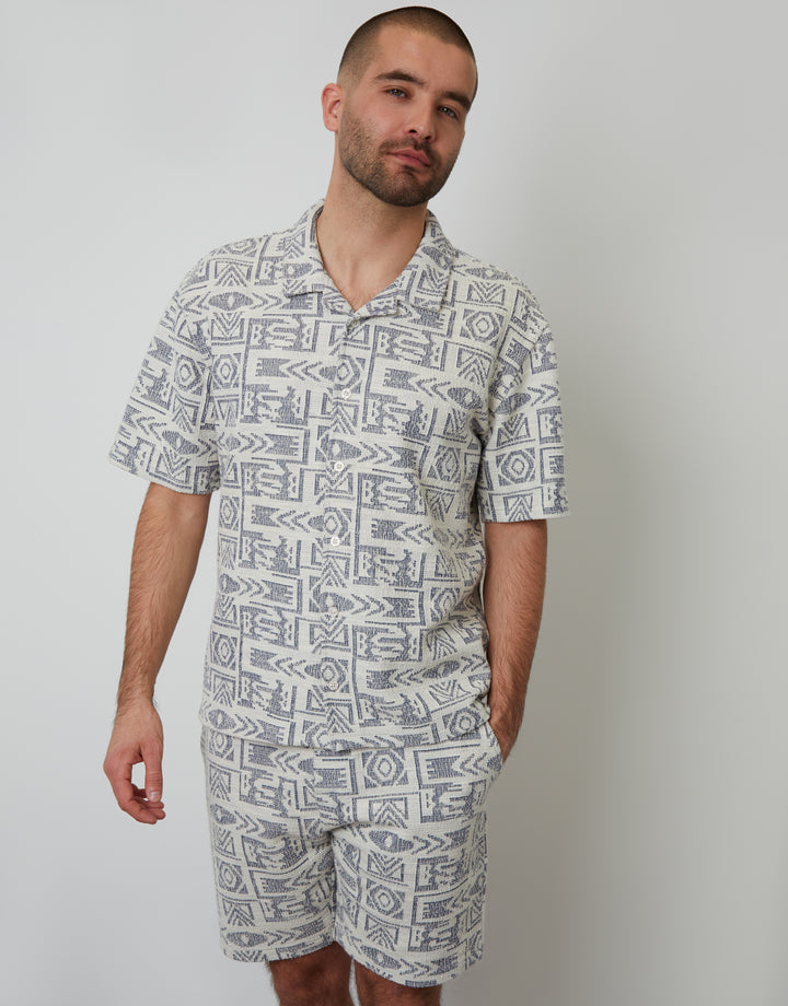 Navy Printed Textured Relaxed Fit Short Sleeve Shirt