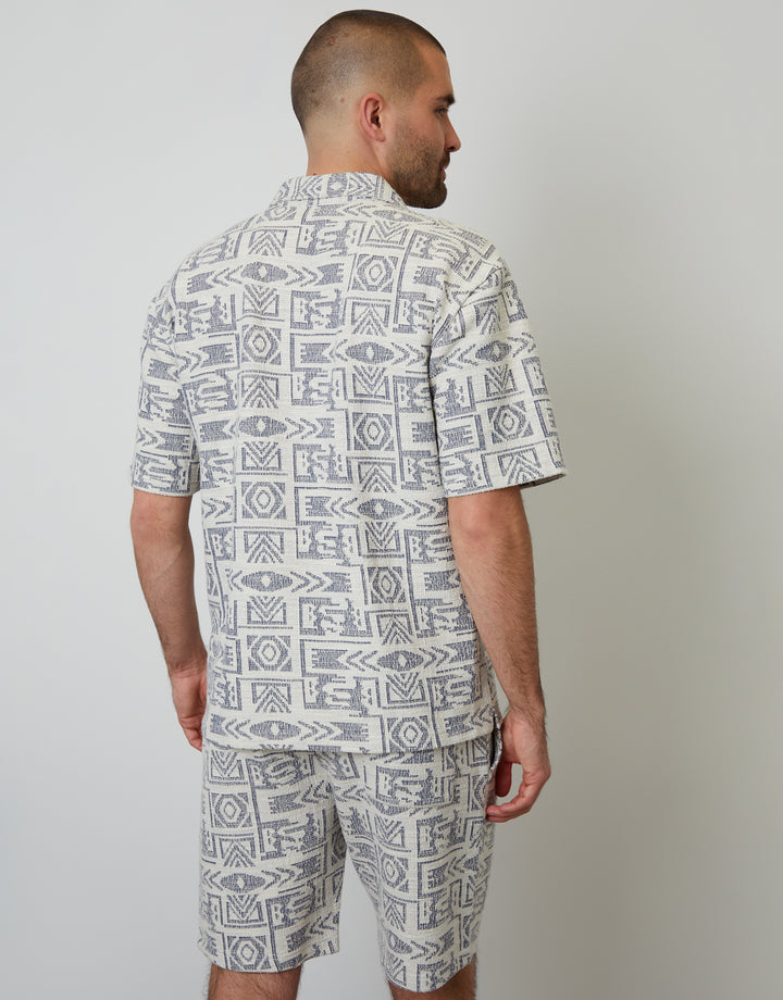 Navy Printed Textured Relaxed Fit Short Sleeve Shirt