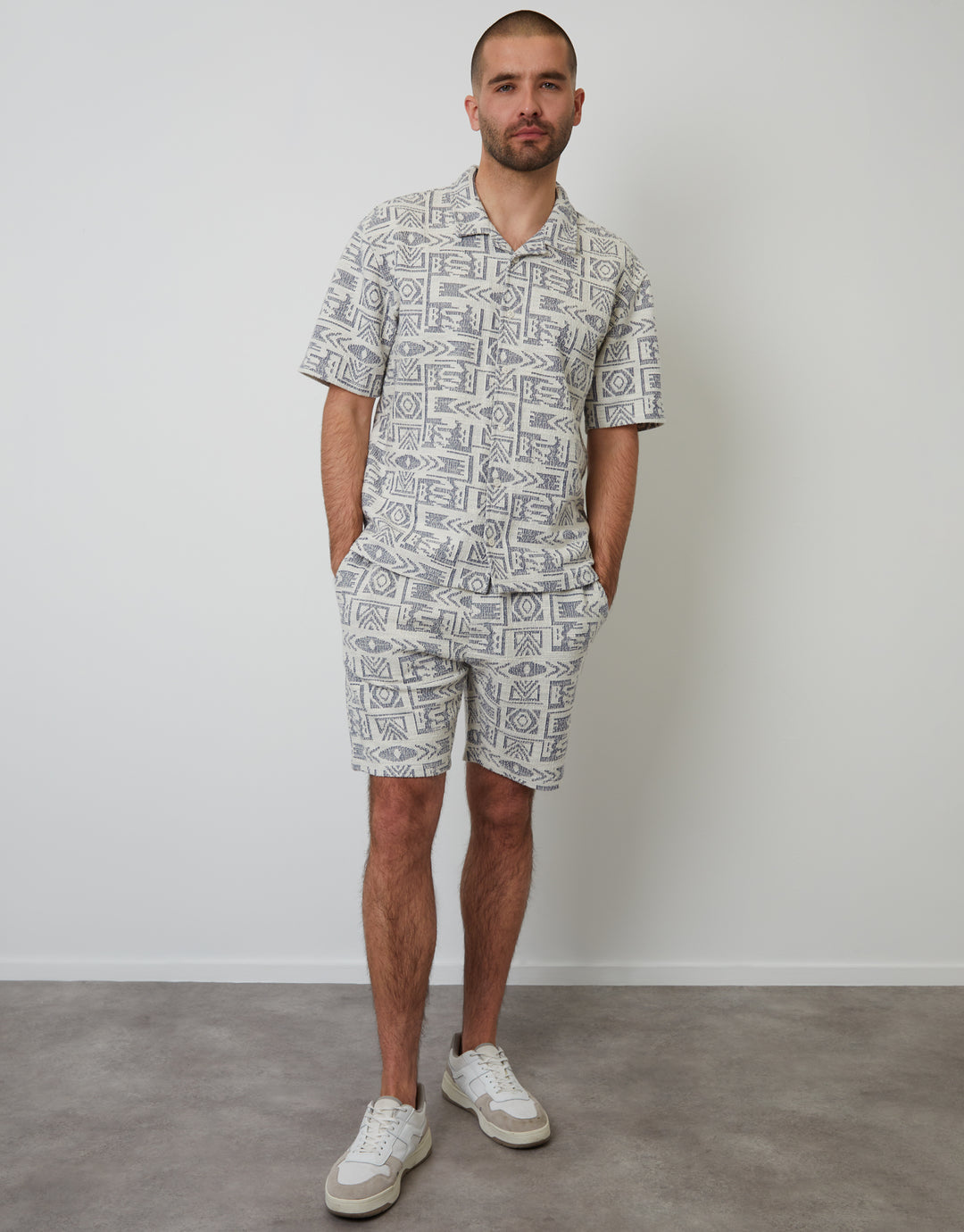 Navy Printed Textured Relaxed Fit Short Sleeve Shirt