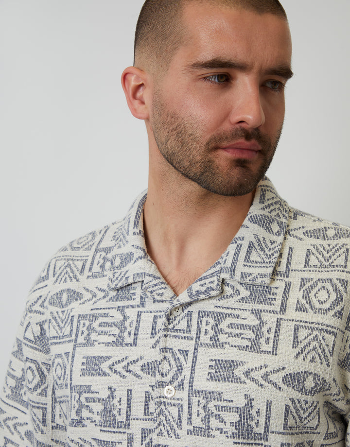 Navy Printed Textured Relaxed Fit Short Sleeve Shirt