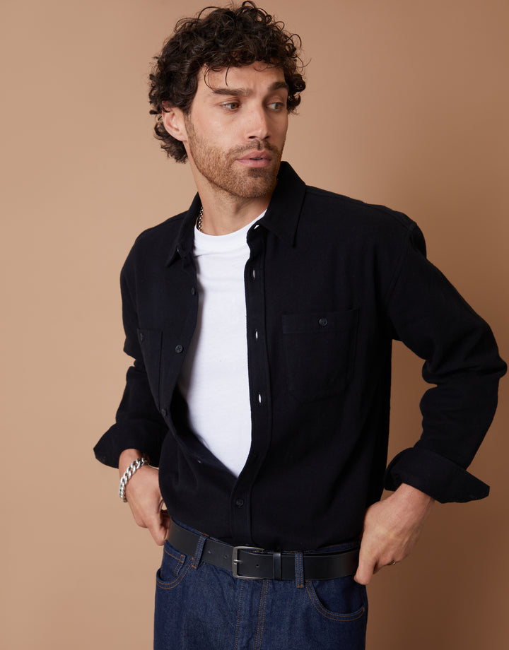 Black Cotton Flannel Relaxed Fit Shirt