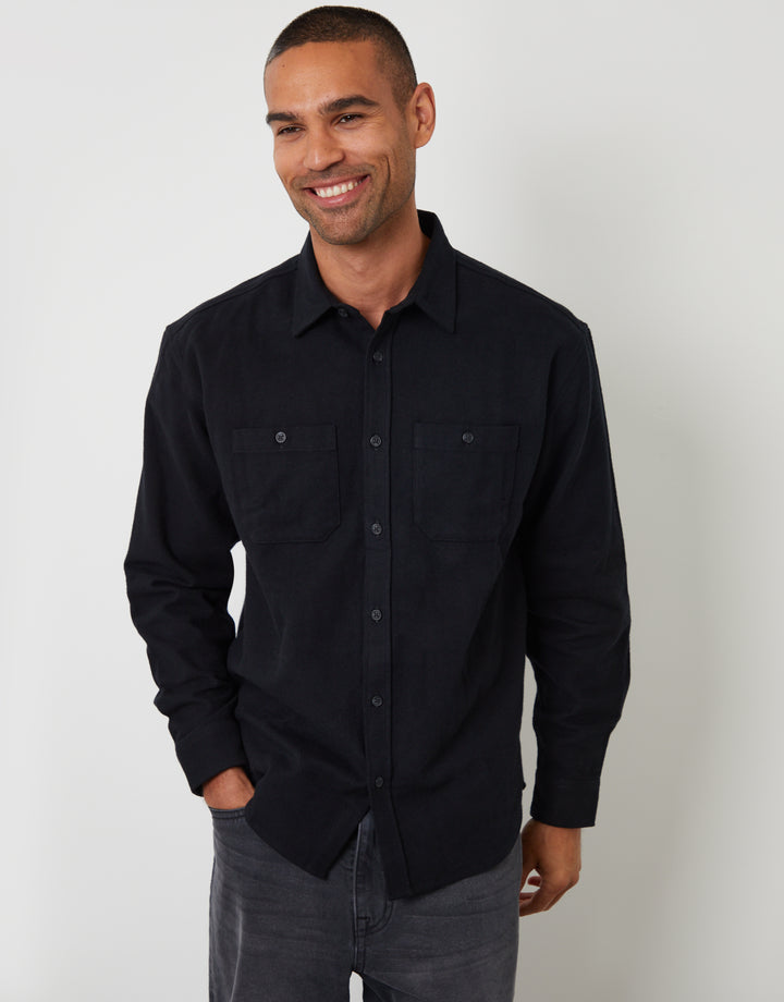 Black Cotton Flannel Relaxed Fit Shirt