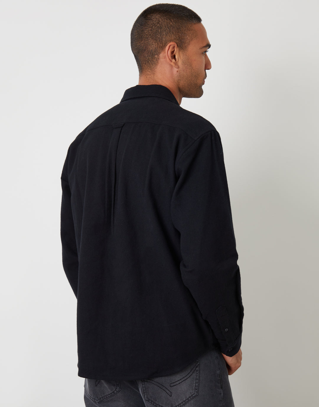 Black Cotton Flannel Relaxed Fit Shirt