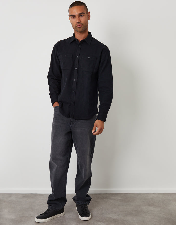 Black Cotton Flannel Relaxed Fit Shirt