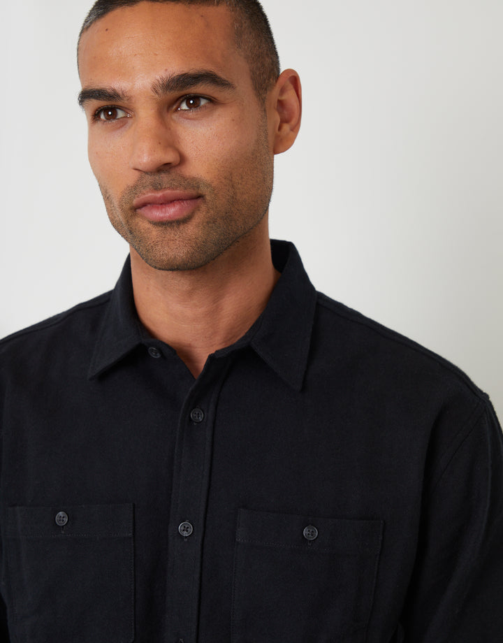Black Cotton Flannel Relaxed Fit Shirt