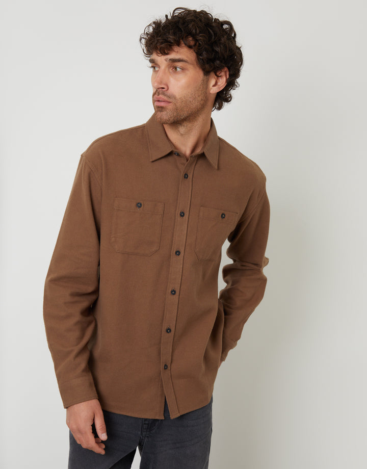 Brown Cotton Flannel Relaxed Fit Shirt