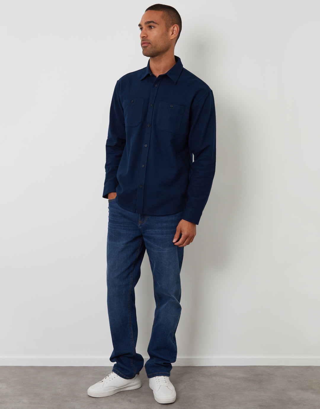 Navy Cotton Flannel Relaxed Fit Shirt