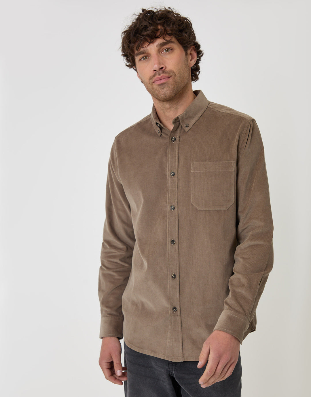 Threadbare Regular Fit Cotton Corduroy Shirt in Taupe - front view