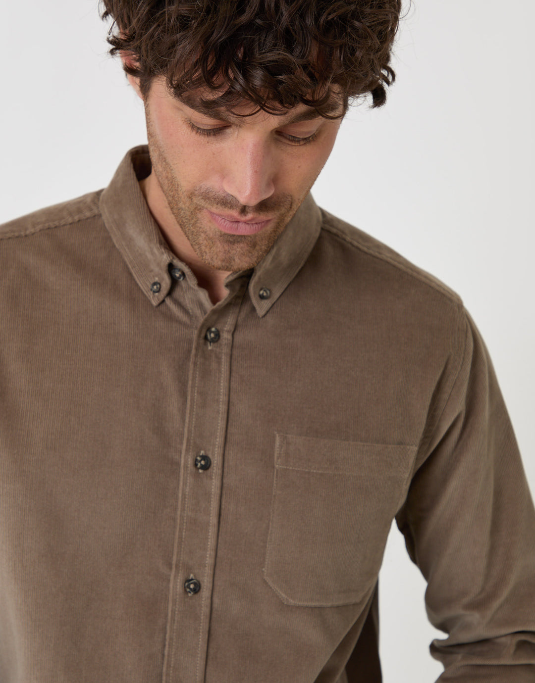 Threadbare Regular Fit Cotton Corduroy Shirt in Taupe - close up