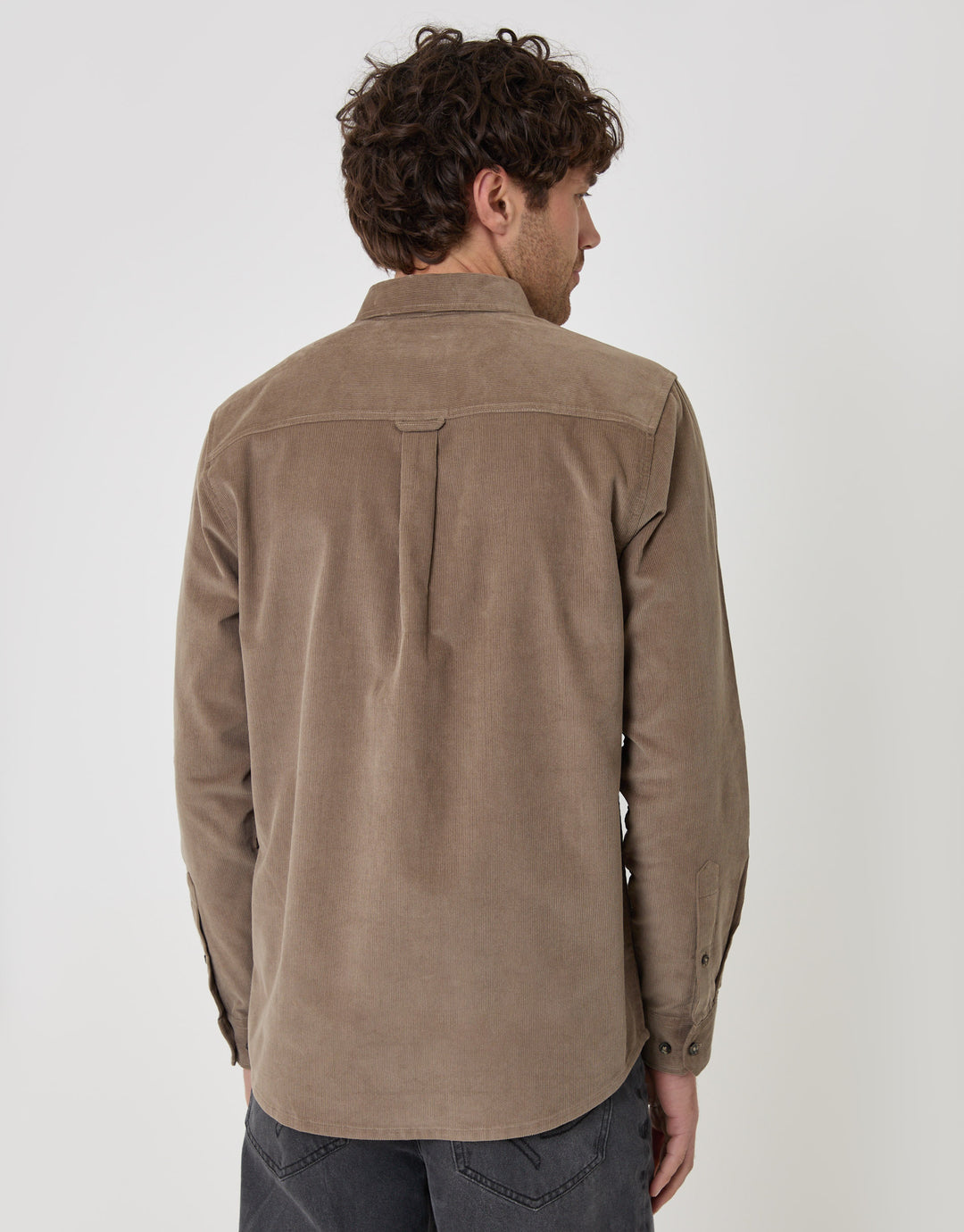 Threadbare Regular Fit Cotton Corduroy Shirt in Taupe - back view