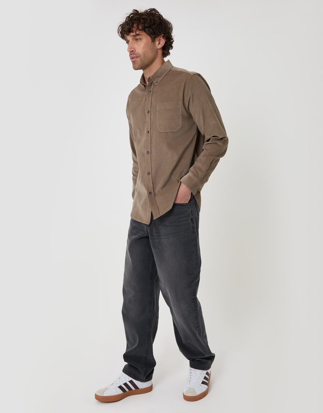 Threadbare Regular Fit Cotton Corduroy Shirt in Taupe - full body