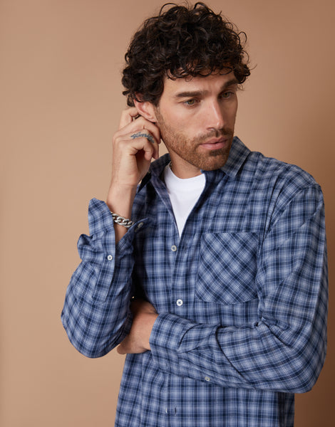 SAINT M×××××× BB_FLANNEL CHECKSHIRT BLUE Moxley Brushed Check Shirt in MID BLUE | White Stuff