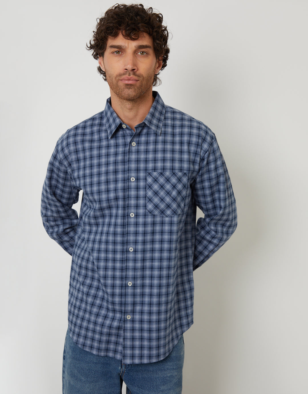 Denim Blue Brushed Check Flannel Relaxed Fit Shirt