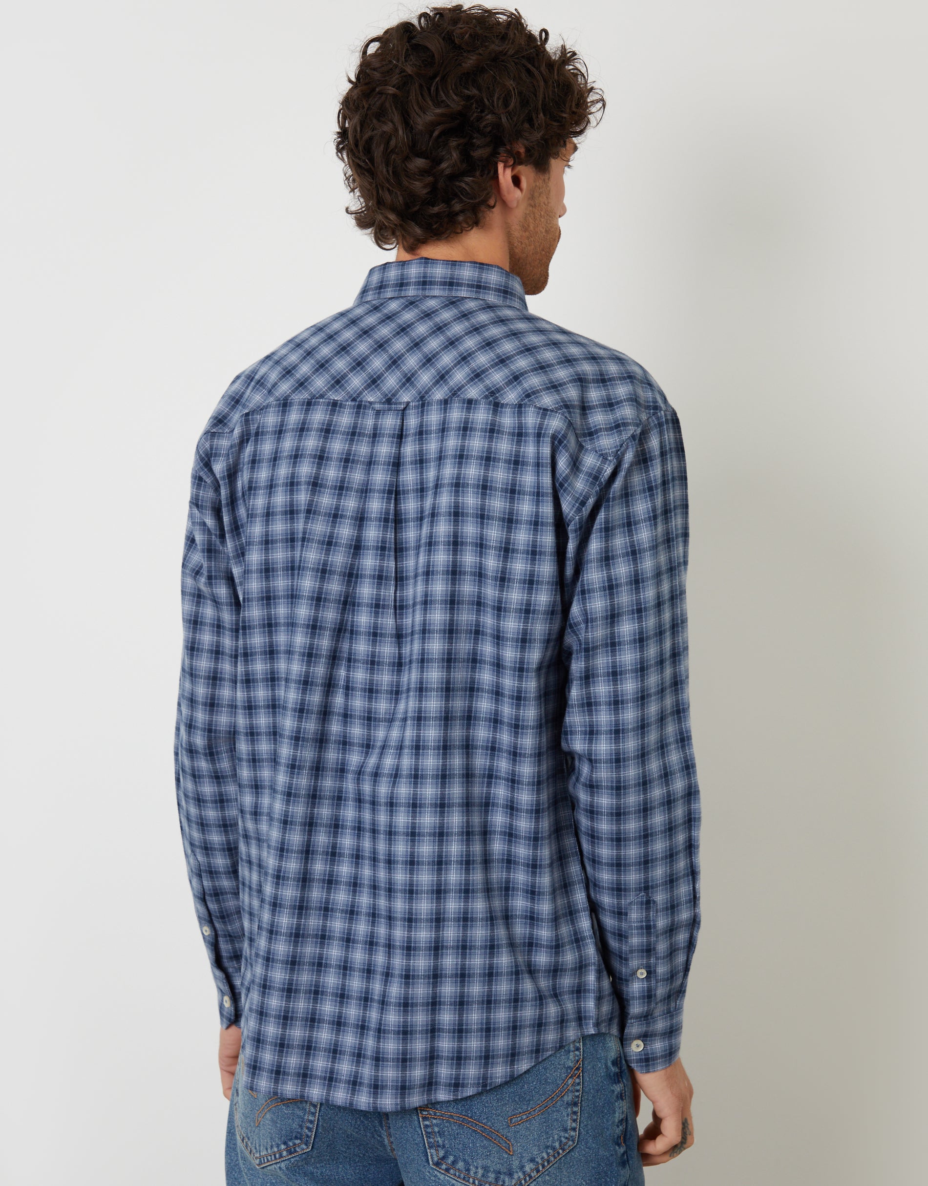 Threadbare Men's Denim Blue Brushed Check Flannel Relaxed Fit Shirt