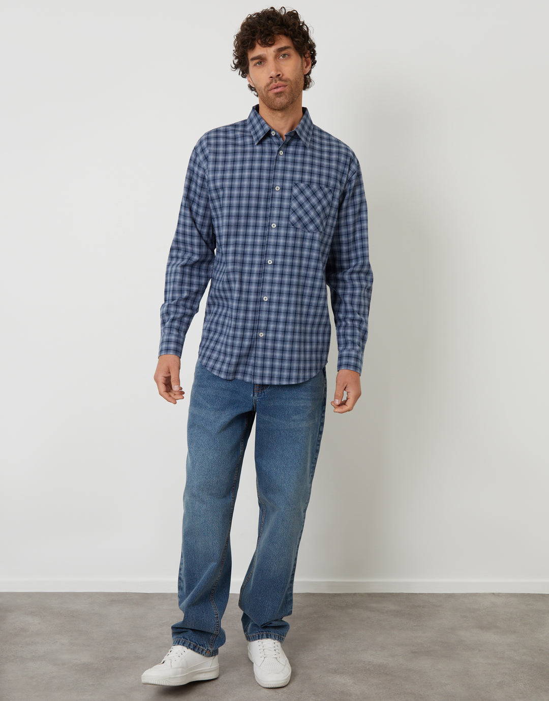 Denim Blue Brushed Check Flannel Relaxed Fit Shirt