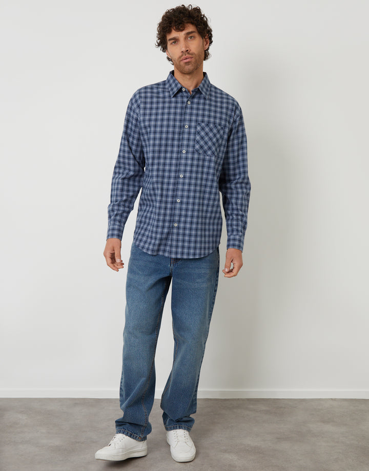 Denim Blue Brushed Check Flannel Relaxed Fit Shirt