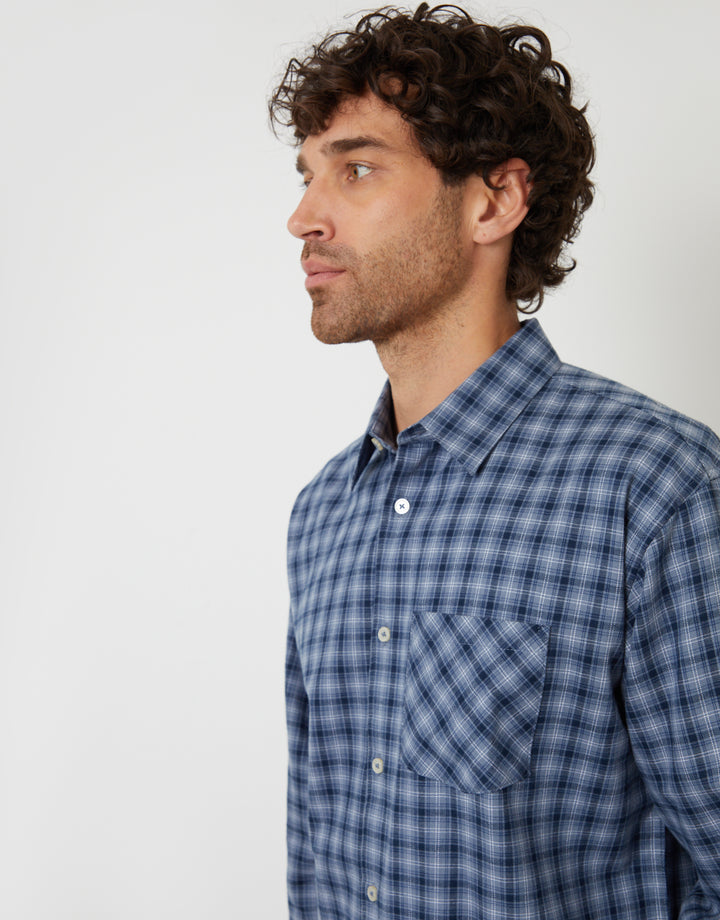 Denim Blue Brushed Check Flannel Relaxed Fit Shirt