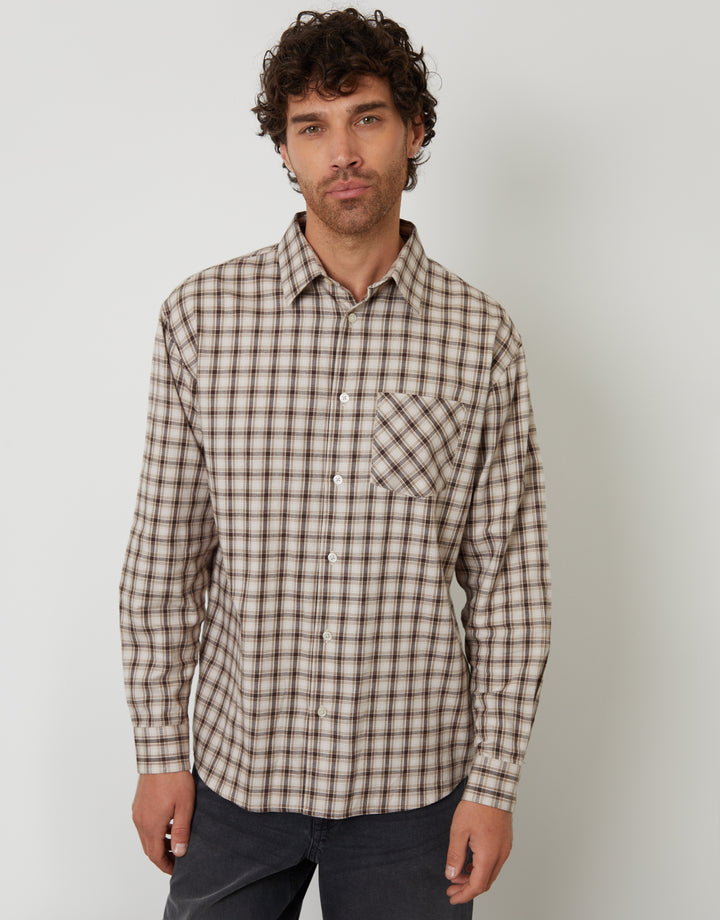 Brown Brushed Check Flannel Relaxed Fit Shirt