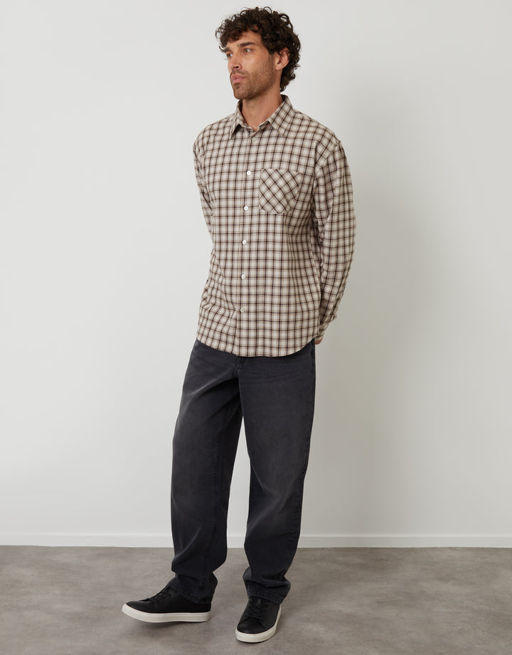 Brown Brushed Check Flannel Relaxed Fit Shirt