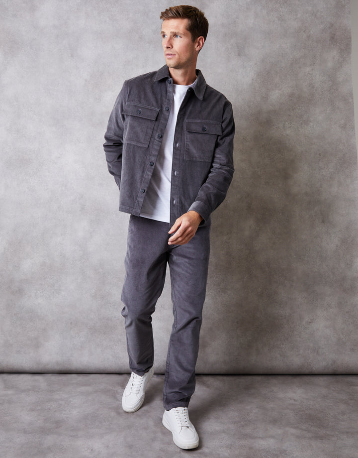Slate Grey Relaxed Cropped Fit Corduroy Shacket