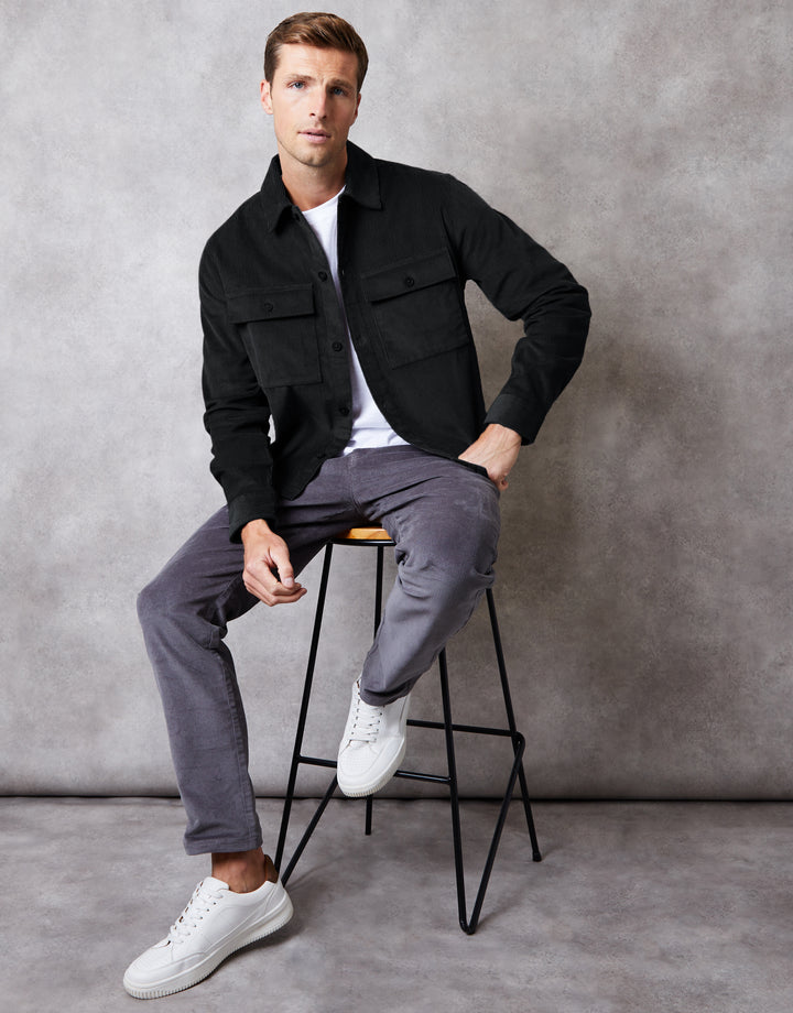 Relaxed Cropped Fit Corduroy Shacket in Black