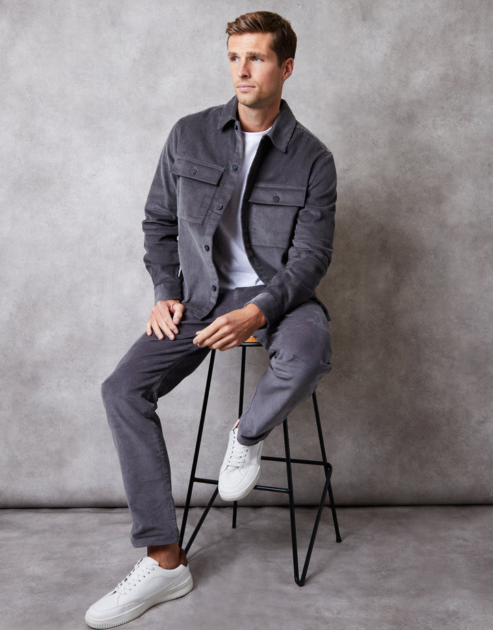Slate Grey Relaxed Cropped Fit Corduroy Shacket