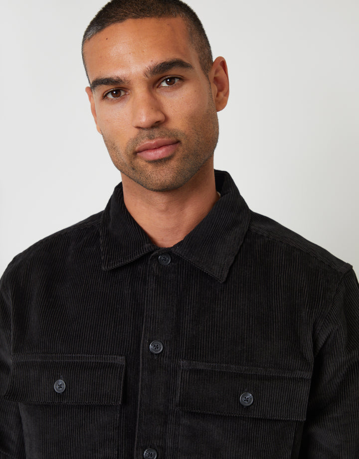 Relaxed Cropped Fit Corduroy Shacket in Black