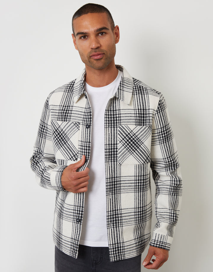 Ecru Check Waffle Textured Shacket