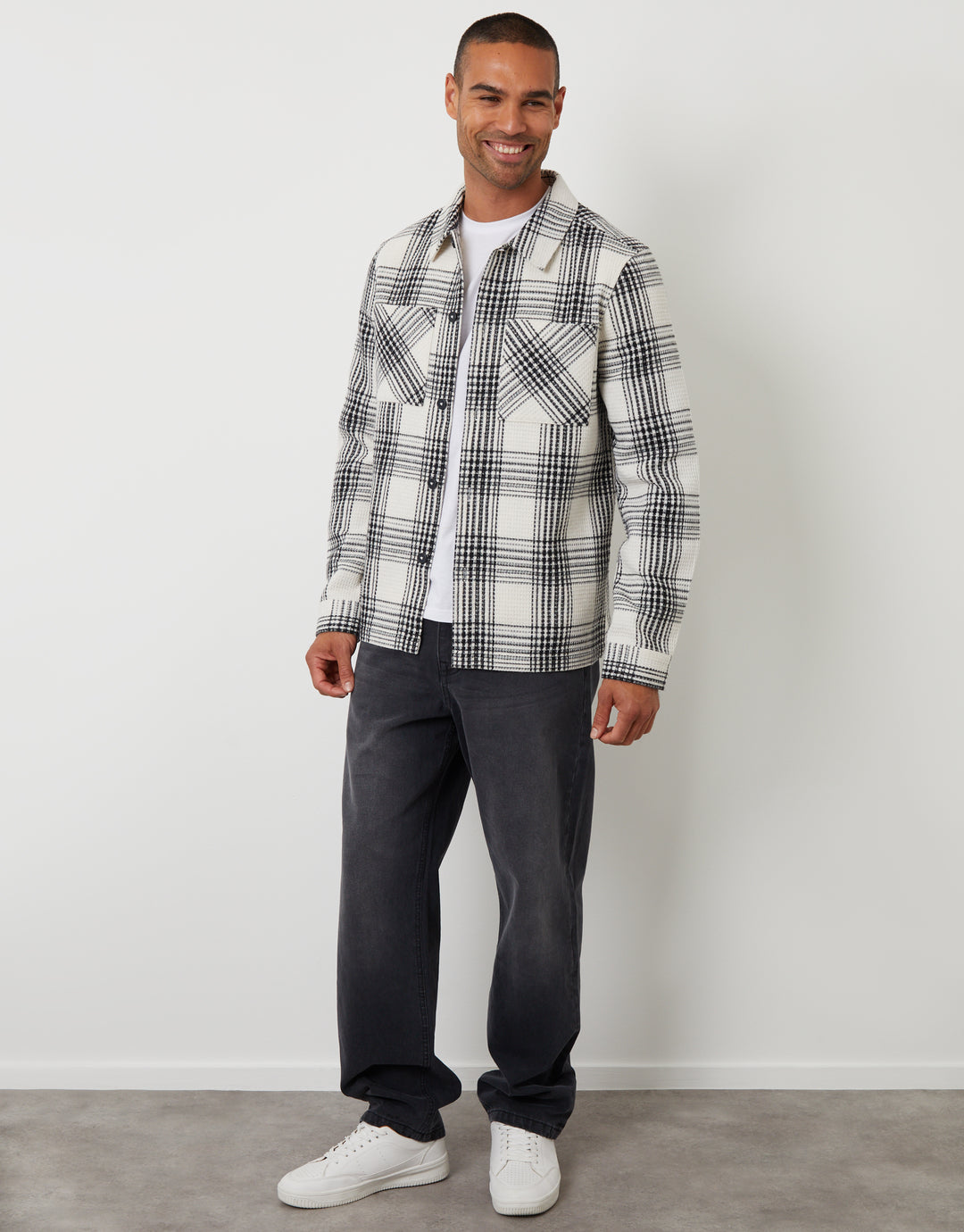 Ecru Check Waffle Textured Shacket