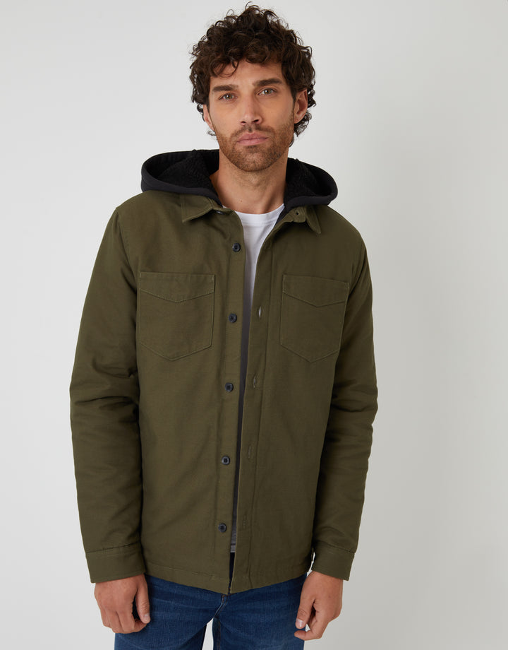 Khaki Green Quilted Shacket with Borg Lined Hood