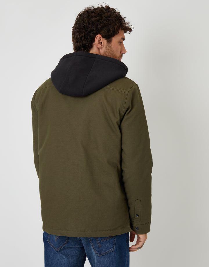 Khaki Green Quilted Shacket with Borg Lined Hood