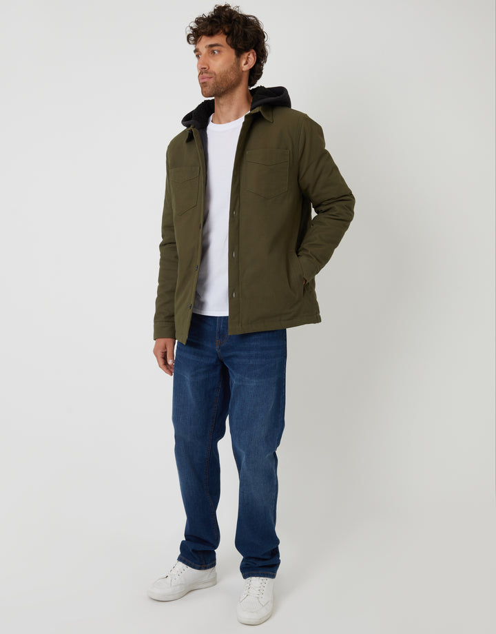 Khaki Green Quilted Shacket with Borg Lined Hood