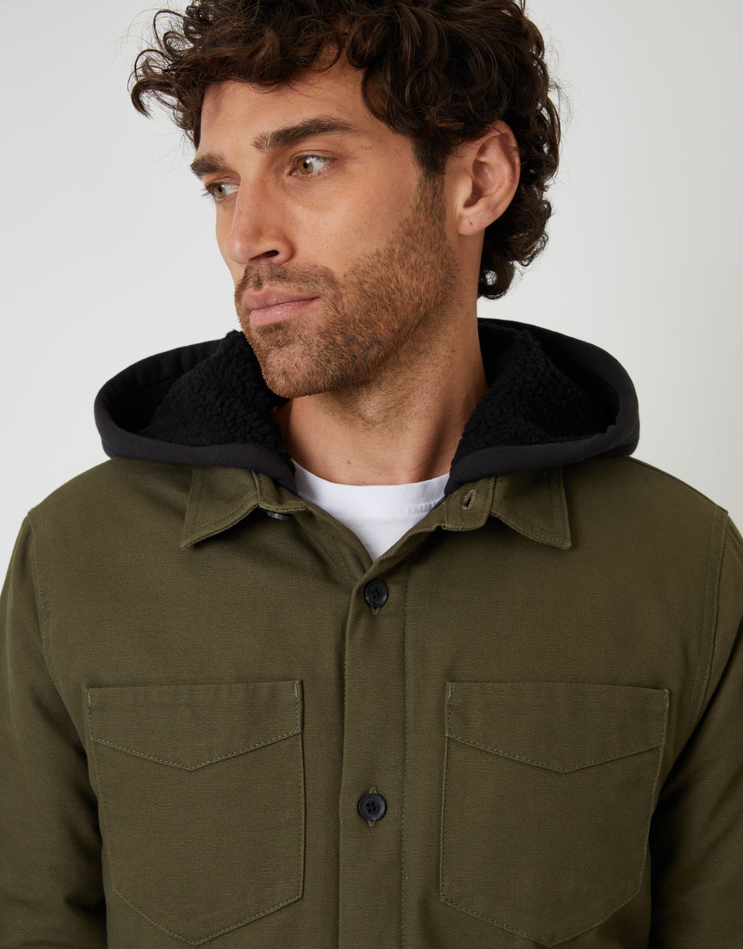 Khaki Green Quilted Shacket with Borg Lined Hood