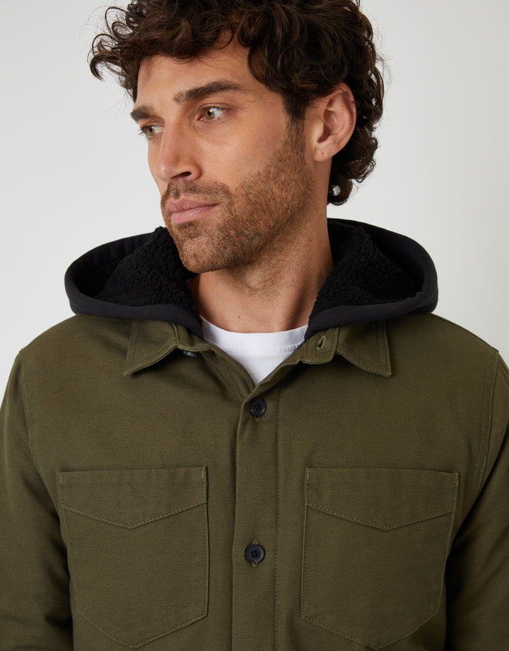 Khaki Green Quilted Shacket with Borg Lined Hood