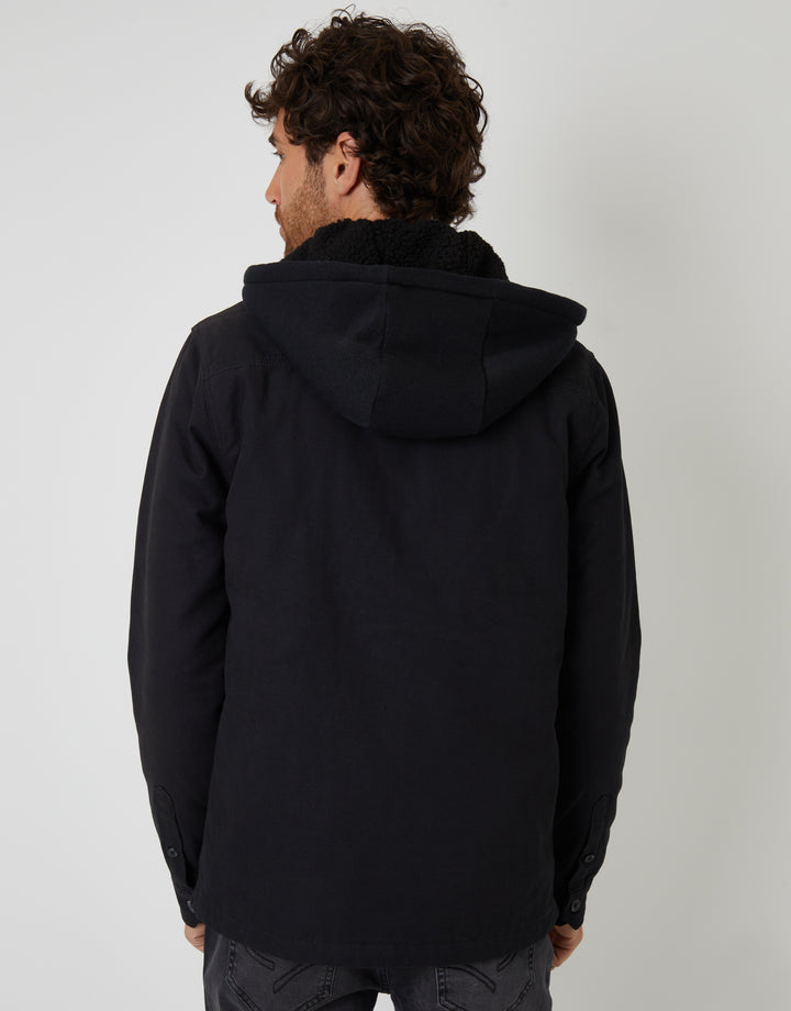 Black Quilted Shacket with Borg Lined Hood