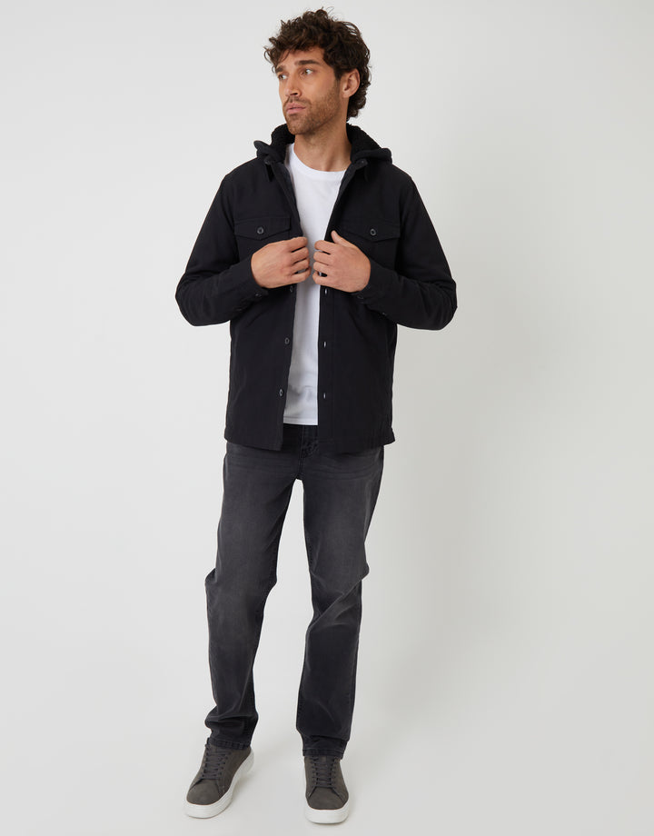 Black Quilted Shacket with Borg Lined Hood