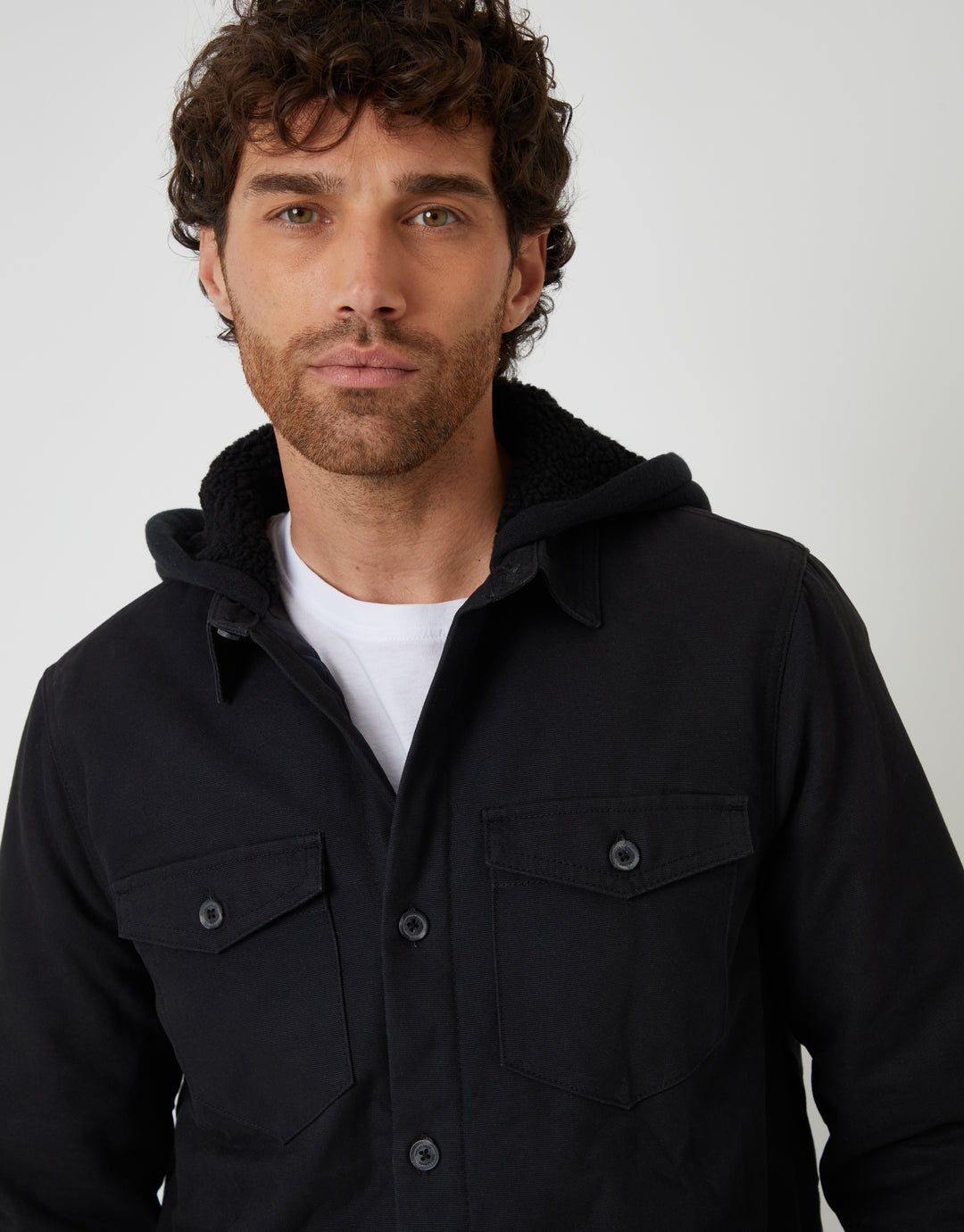 Black Quilted Shacket with Borg Lined Hood