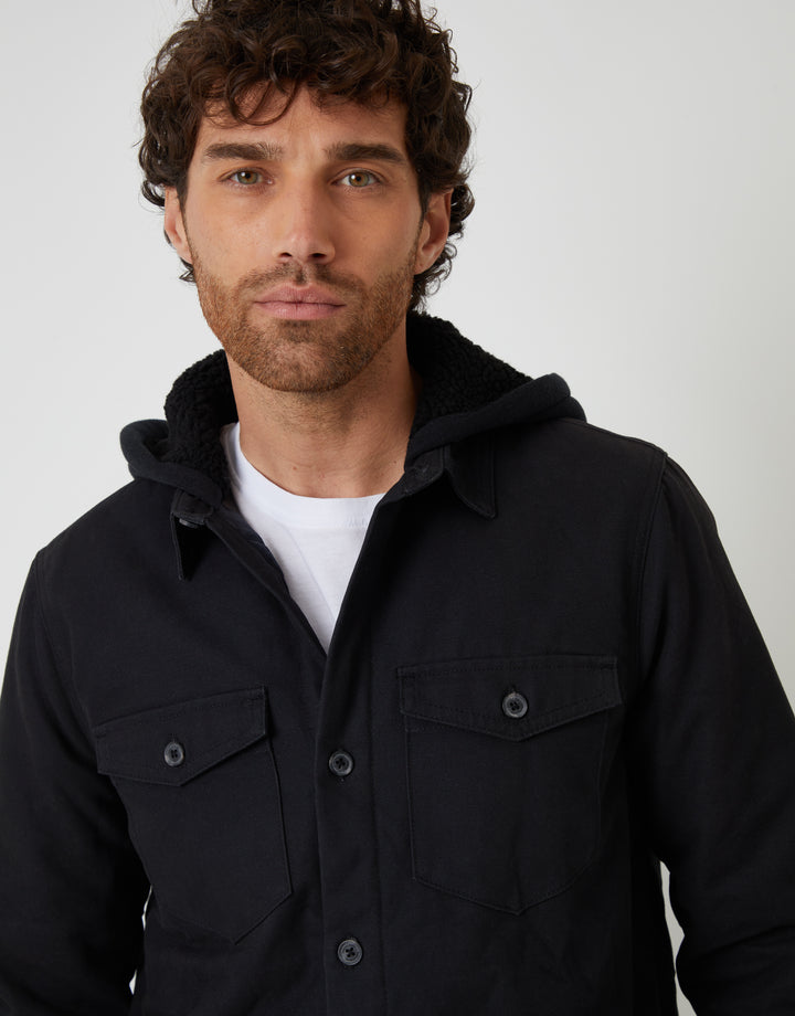 Black Quilted Shacket with Borg Lined Hood