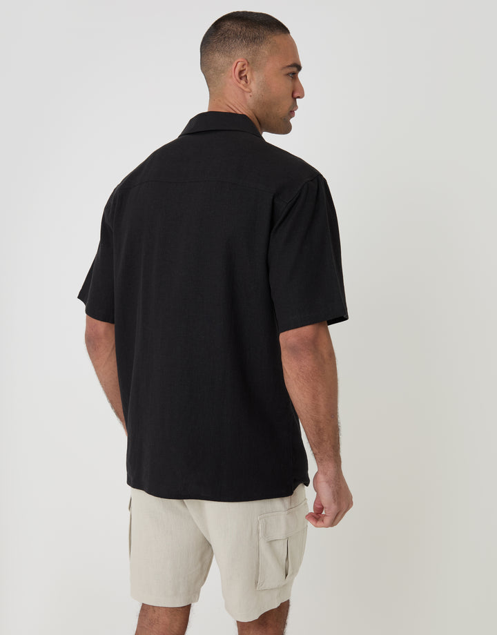 Threadbare Relaxed Fit Linen Blend Short Sleeve Shirt in Black - back view