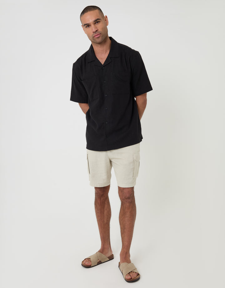 Threadbare Relaxed Fit Linen Blend Short Sleeve Shirt in Black - full body