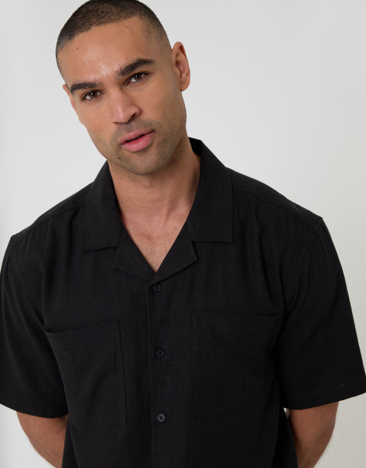 Threadbare Relaxed Fit Linen Blend Short Sleeve Shirt in Black - front view close up