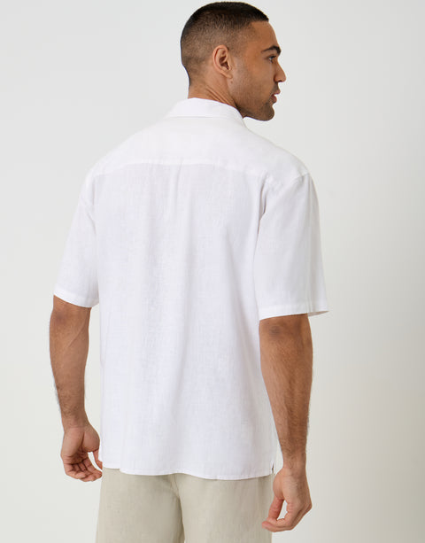 Threadbare Relaxed Fit Linen Blend Short Sleeve Shirt in White - back view