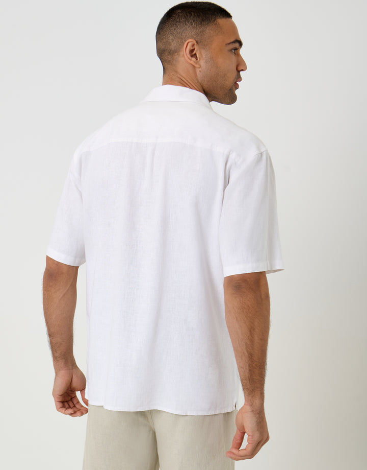 Threadbare Relaxed Fit Linen Blend Short Sleeve Shirt in White - back view