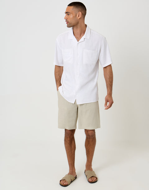 Threadbare Relaxed Fit Linen Blend Short Sleeve Shirt in White - full body