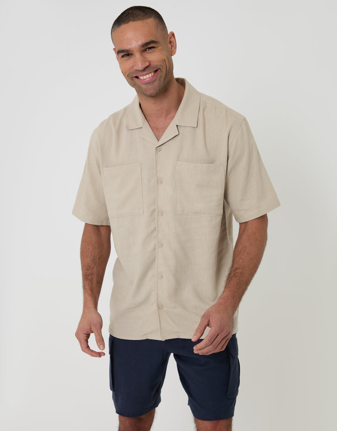 Threadbare Relaxed Fit Linen Blend Short Sleeve Shirt in Stone - front view